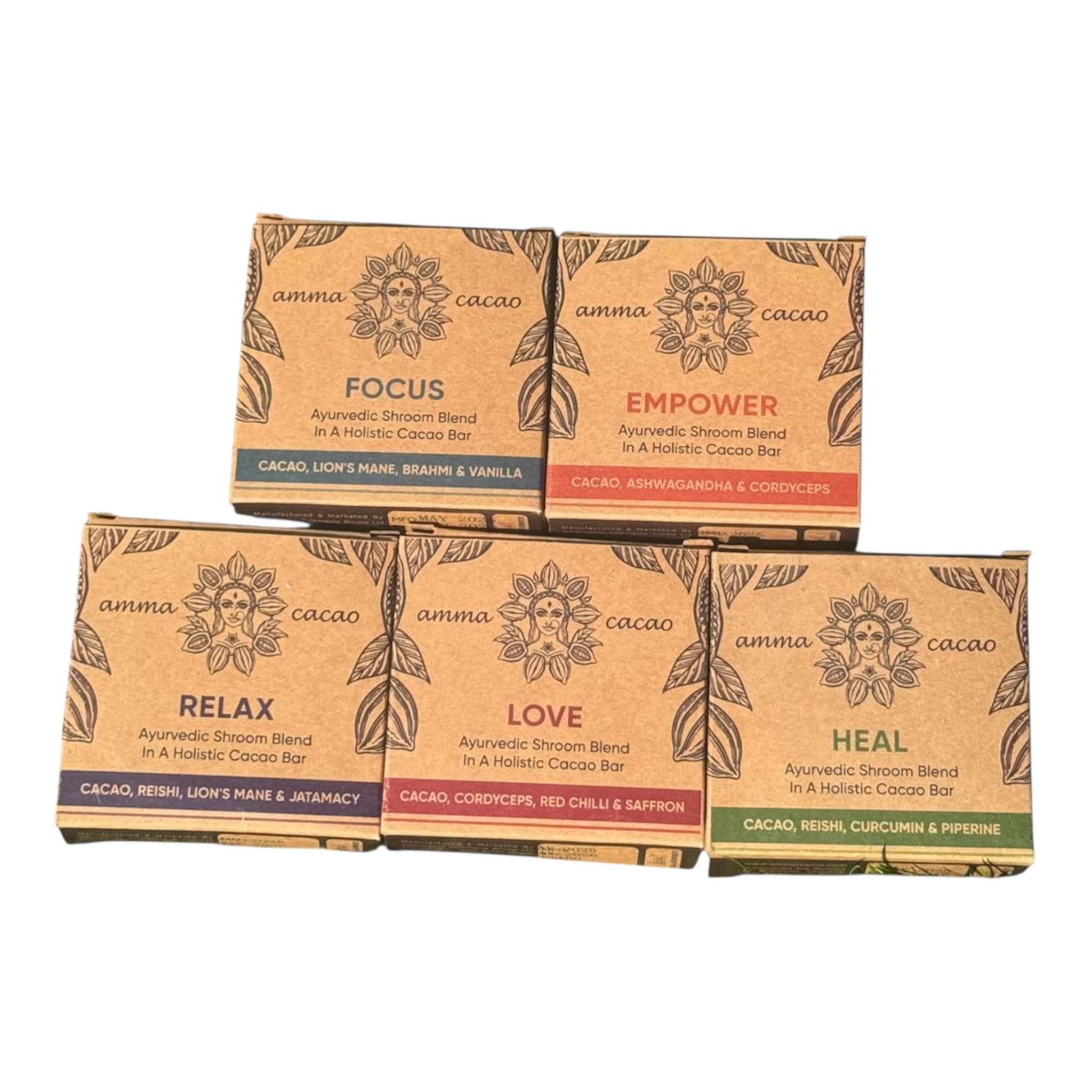 Amma Ceremonial Cacao - India. Ayurvedic Bundle. x5 Bars (36g) Focus, Heal, Love, Empower, Relax.