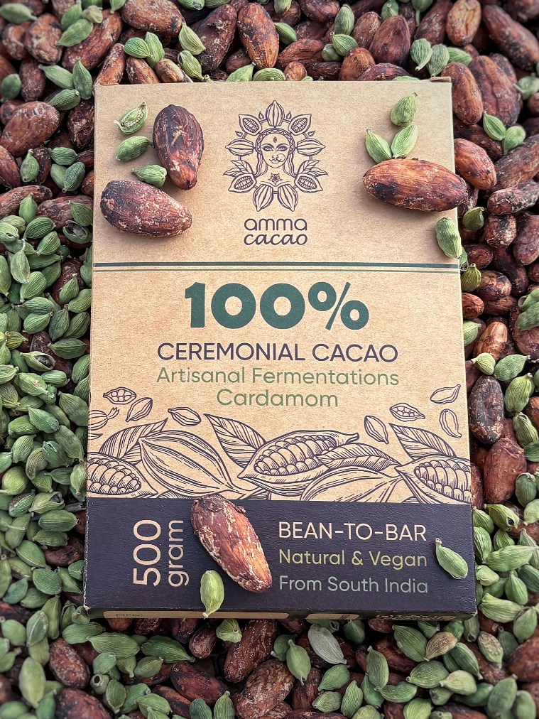 Ceremonial Cacao. Artisanal Fermenations - Cardamom 500g block.