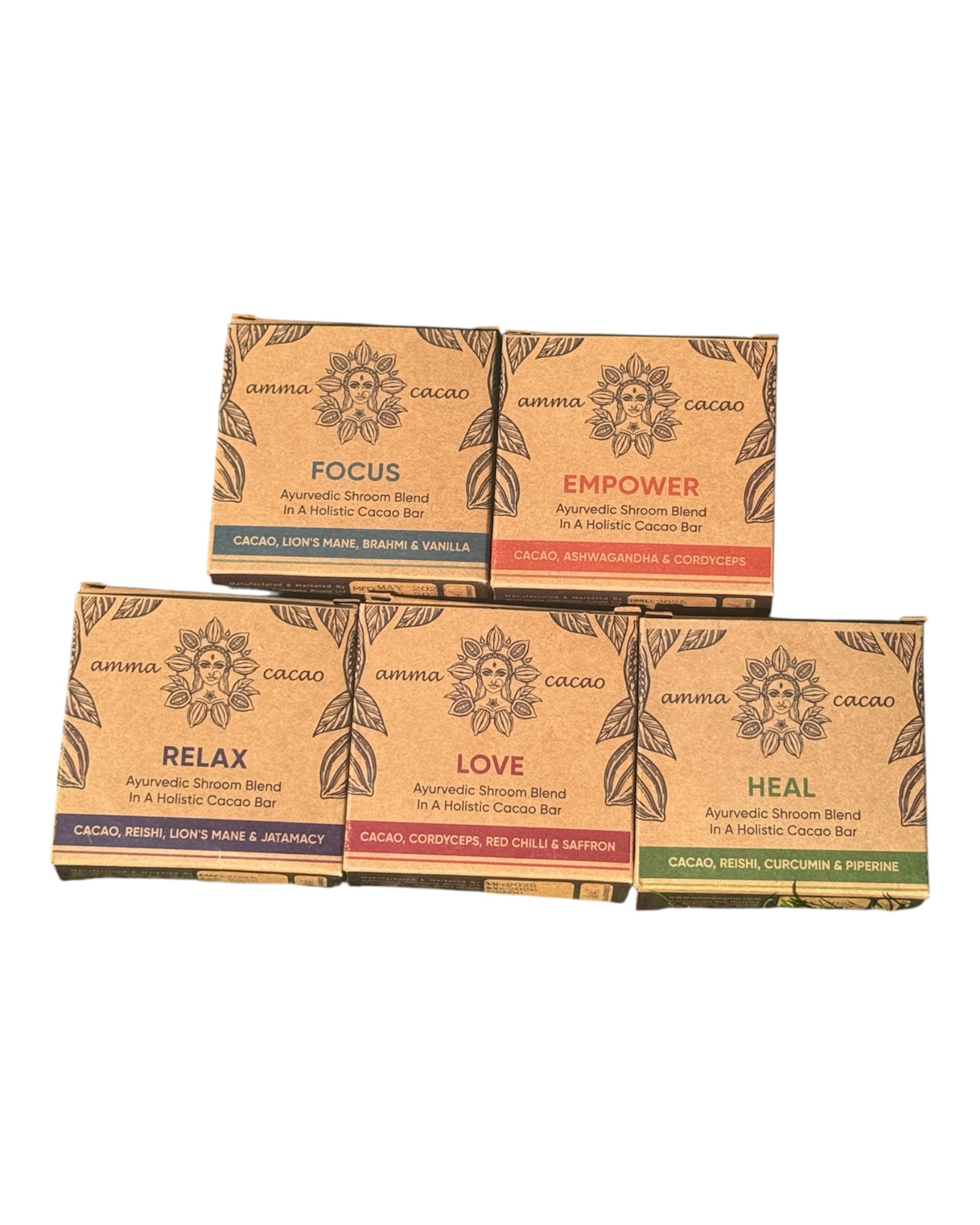 Amma Ceremonial Cacao - India. Ayurvedic Bundle. x5 Bars (36g) Focus, Heal, Love, Empower, Relax.