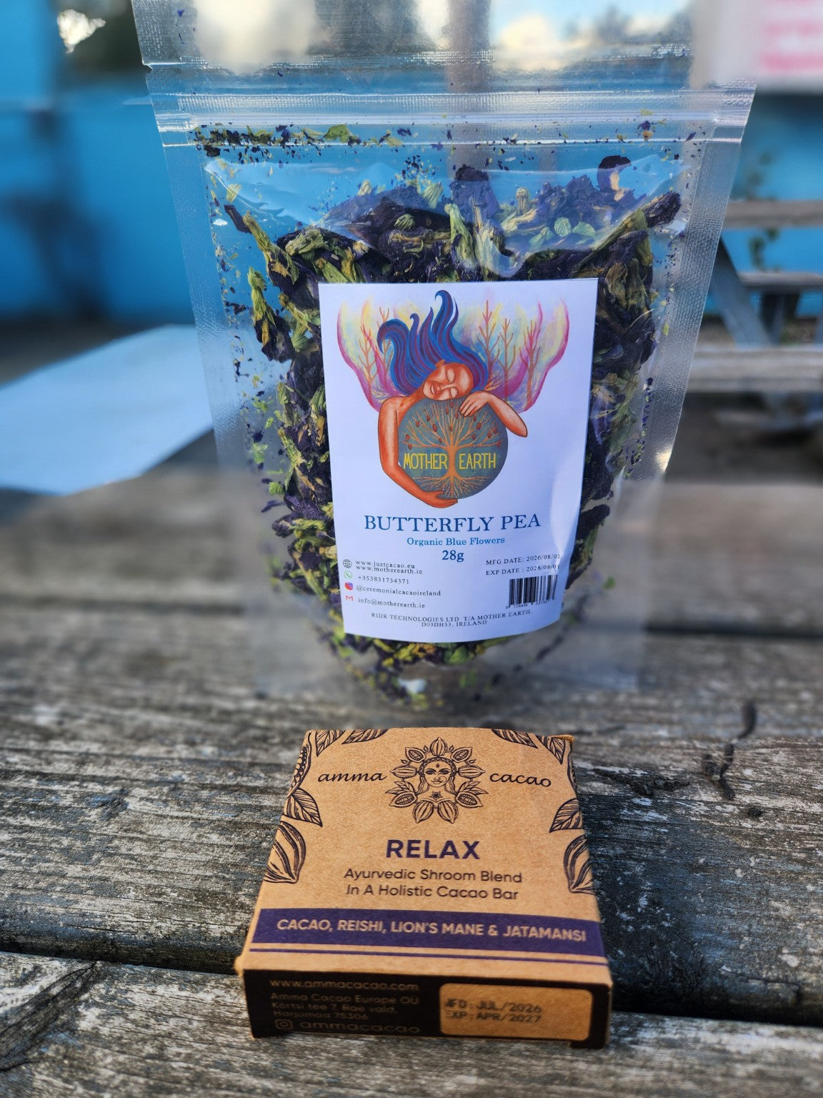 Mother Earth Butterfly Pea flowers with Amma RELAX cacao bar
