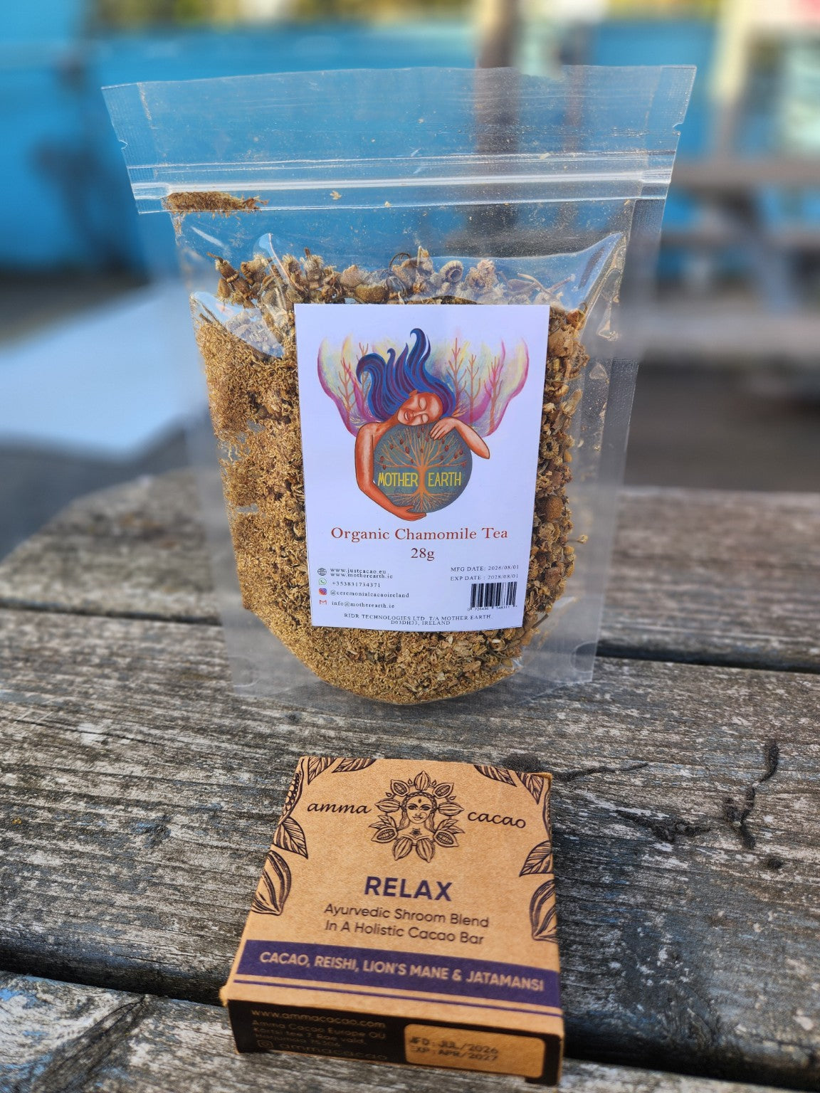 Mother Earth Organic Chamomile Tea 28g with Amma Cacao RELAX 36g bar