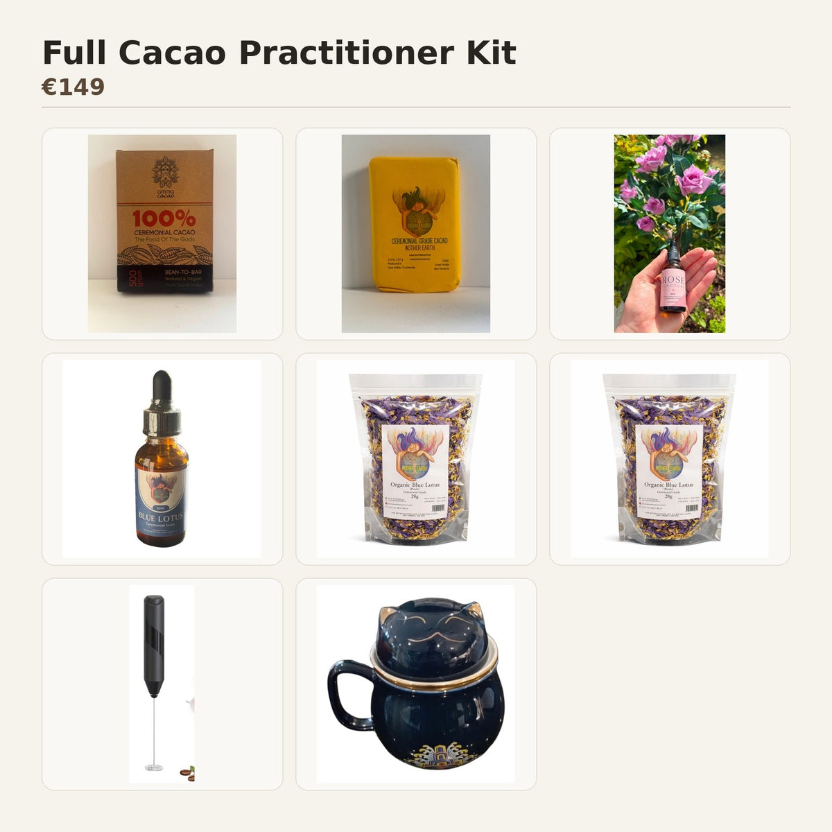 Full cacao practitioner kit with cacao botanicals frother and mug