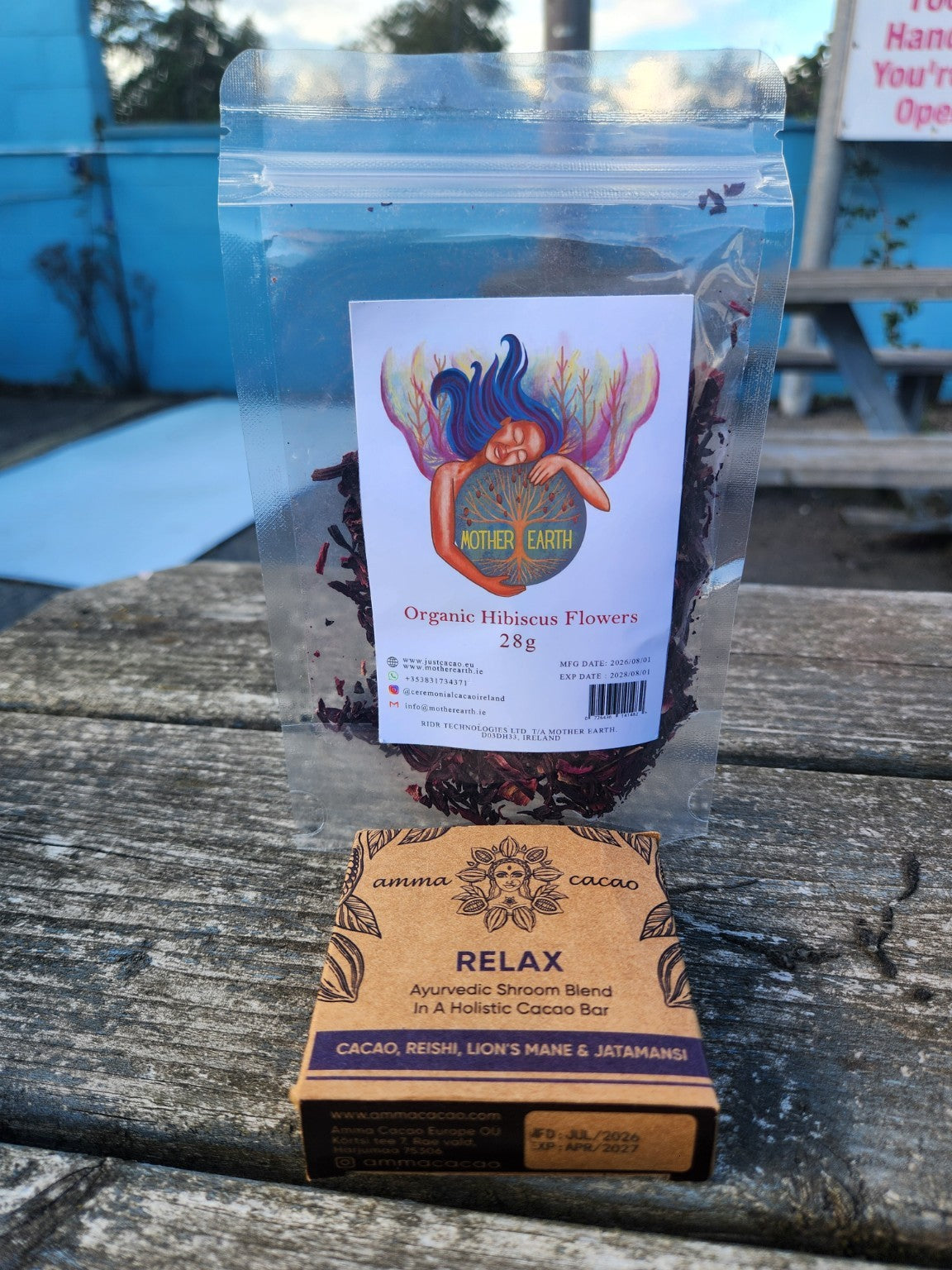 Mother Earth Organic Hibiscus Flowers 28g and Amma RELAX cacao bar