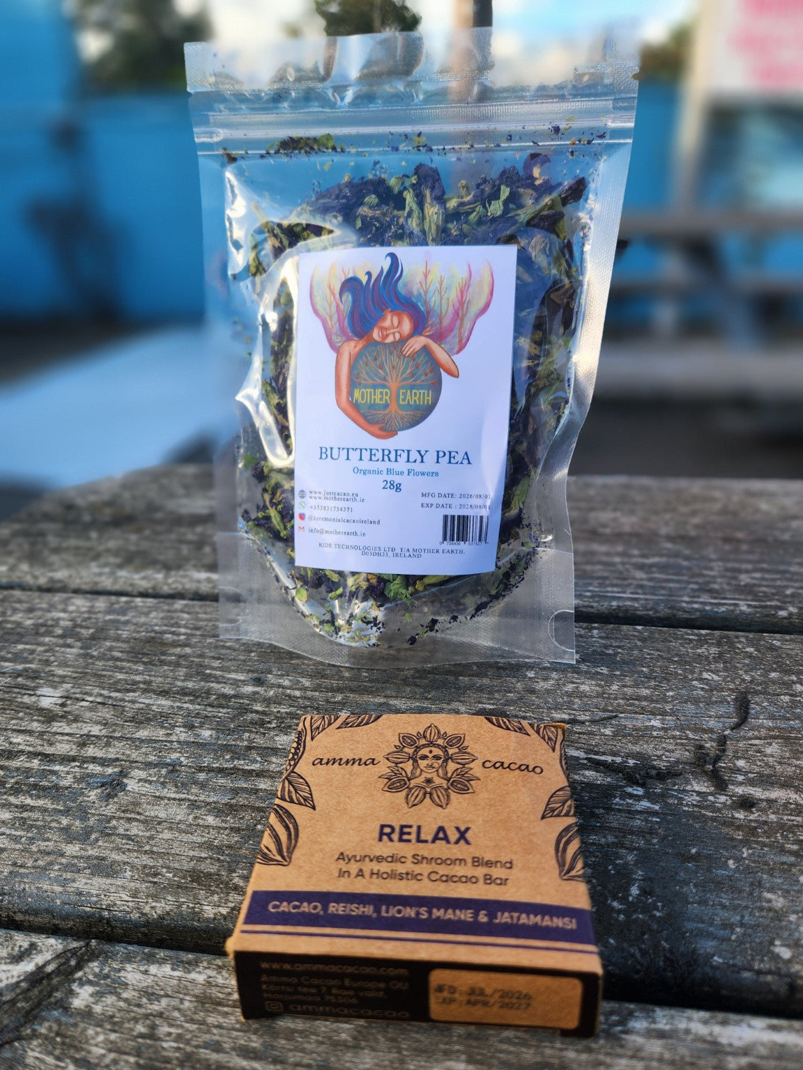 Mother Earth Blue Lotus 28g and Amma RELAX cacao bar