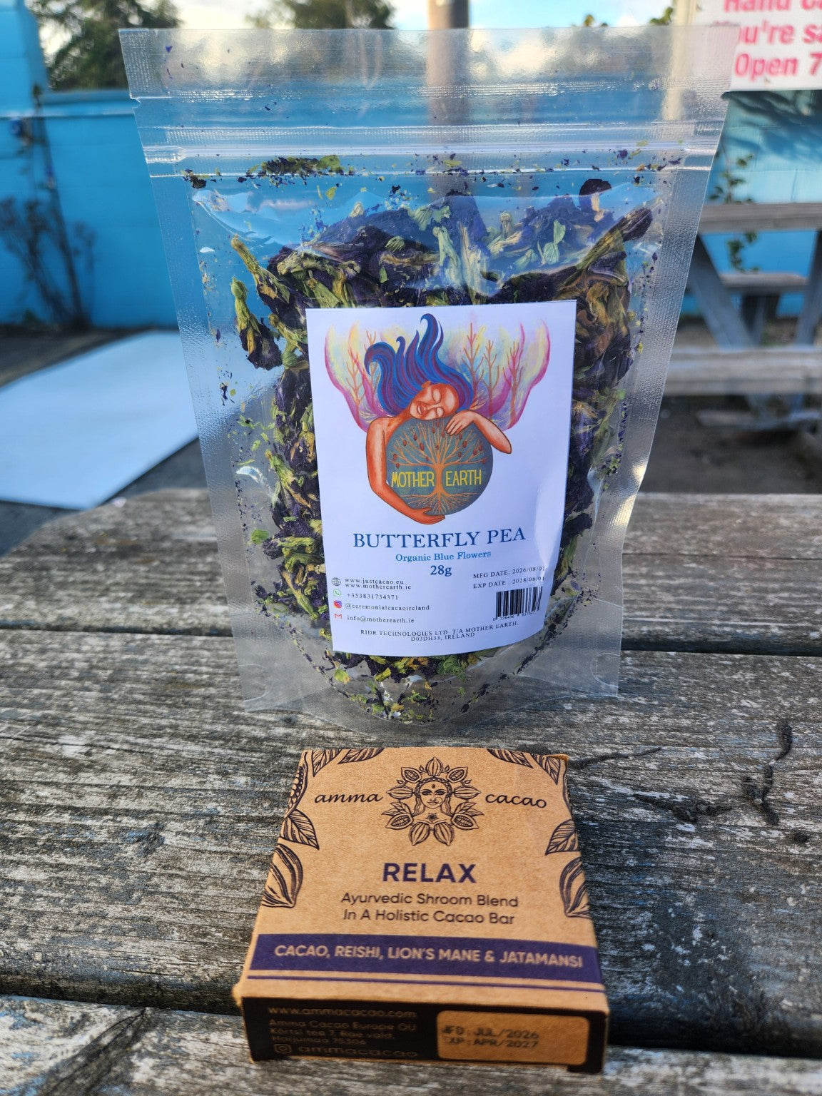 Mother Earth Butterfly Pea 28g with Amma Cacao RELAX 36g bar