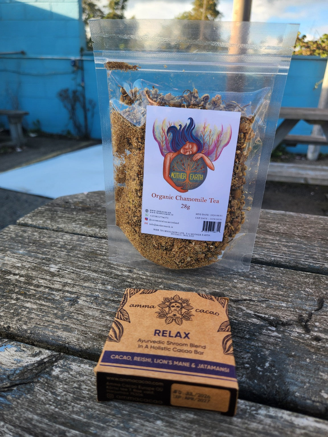Mother Earth Organic Chamomile Tea 28g and Amma RELAX cacao bar