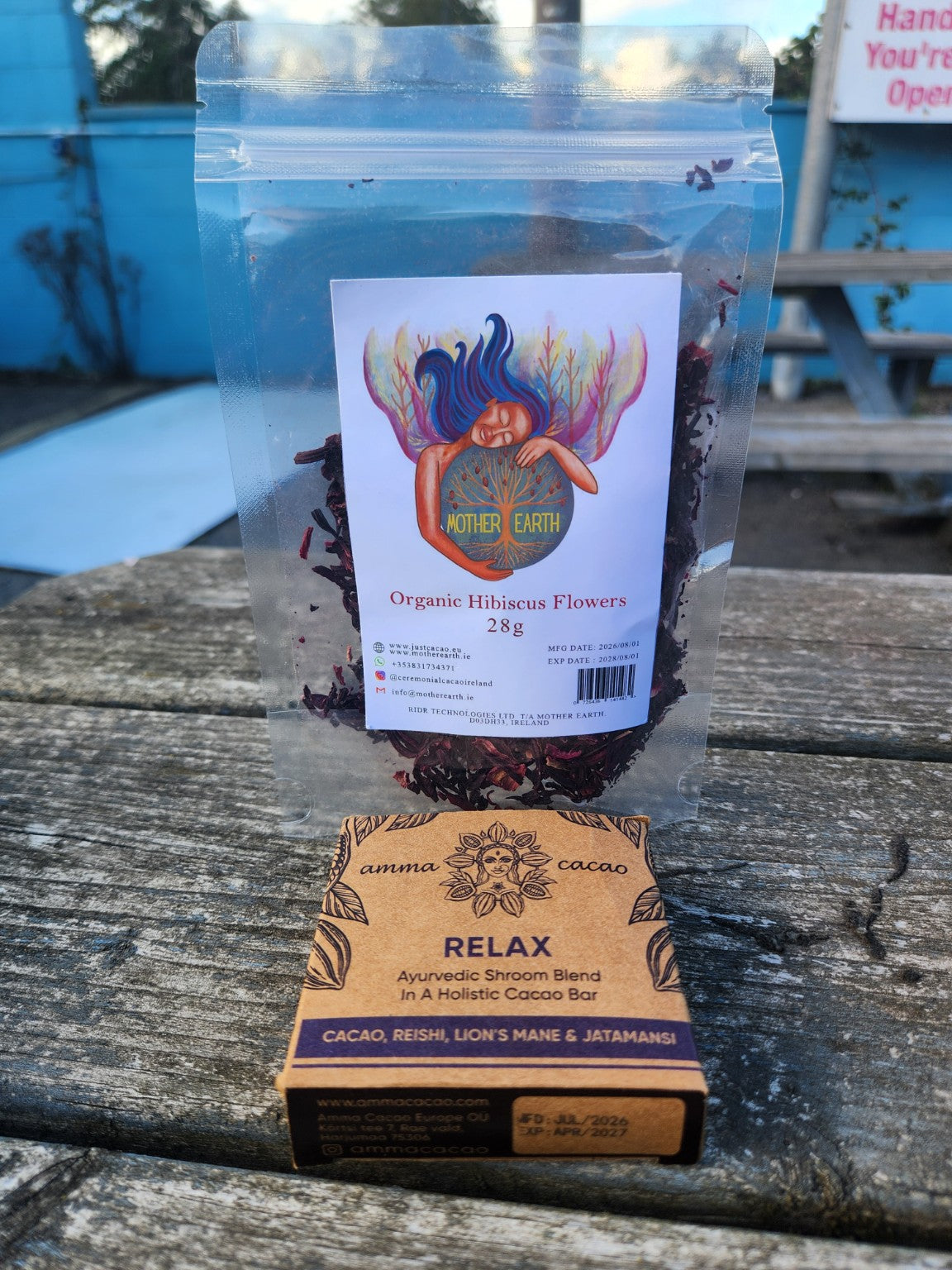 Mother Earth Organic Hibiscus Flowers 28g with Amma Cacao RELAX 36g bar