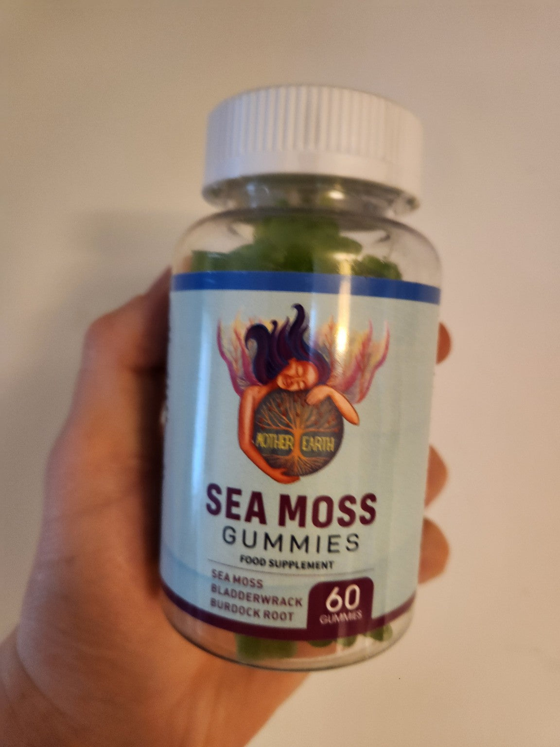 Mother Earth Sea Moss Gummies bottle, 60 gummies, real product photograph