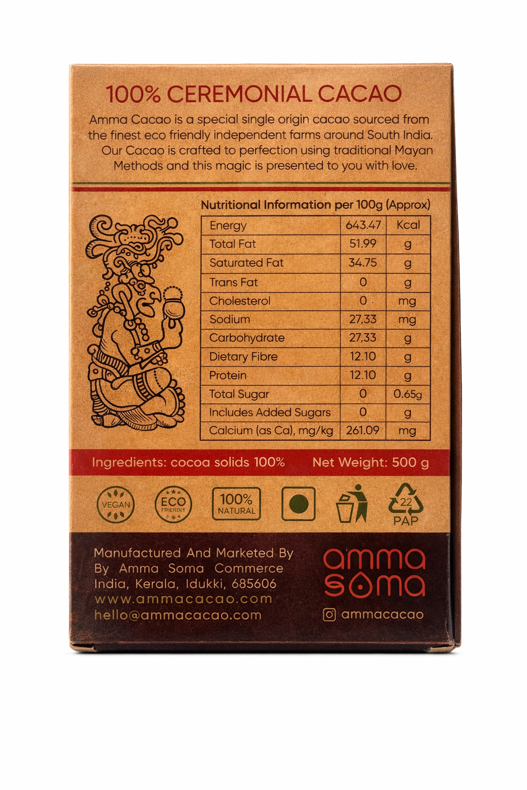 Ceremonial Cacao. 500g block. Amma Cacao India. - Just Cacao