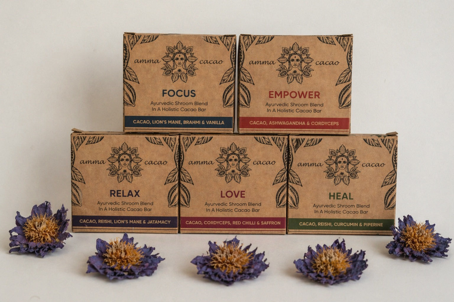 Amma Cacao & Blue Lotus Ritual Bundle. 5X Bars & 5 Blue Lotus Flowers. - Just Cacao