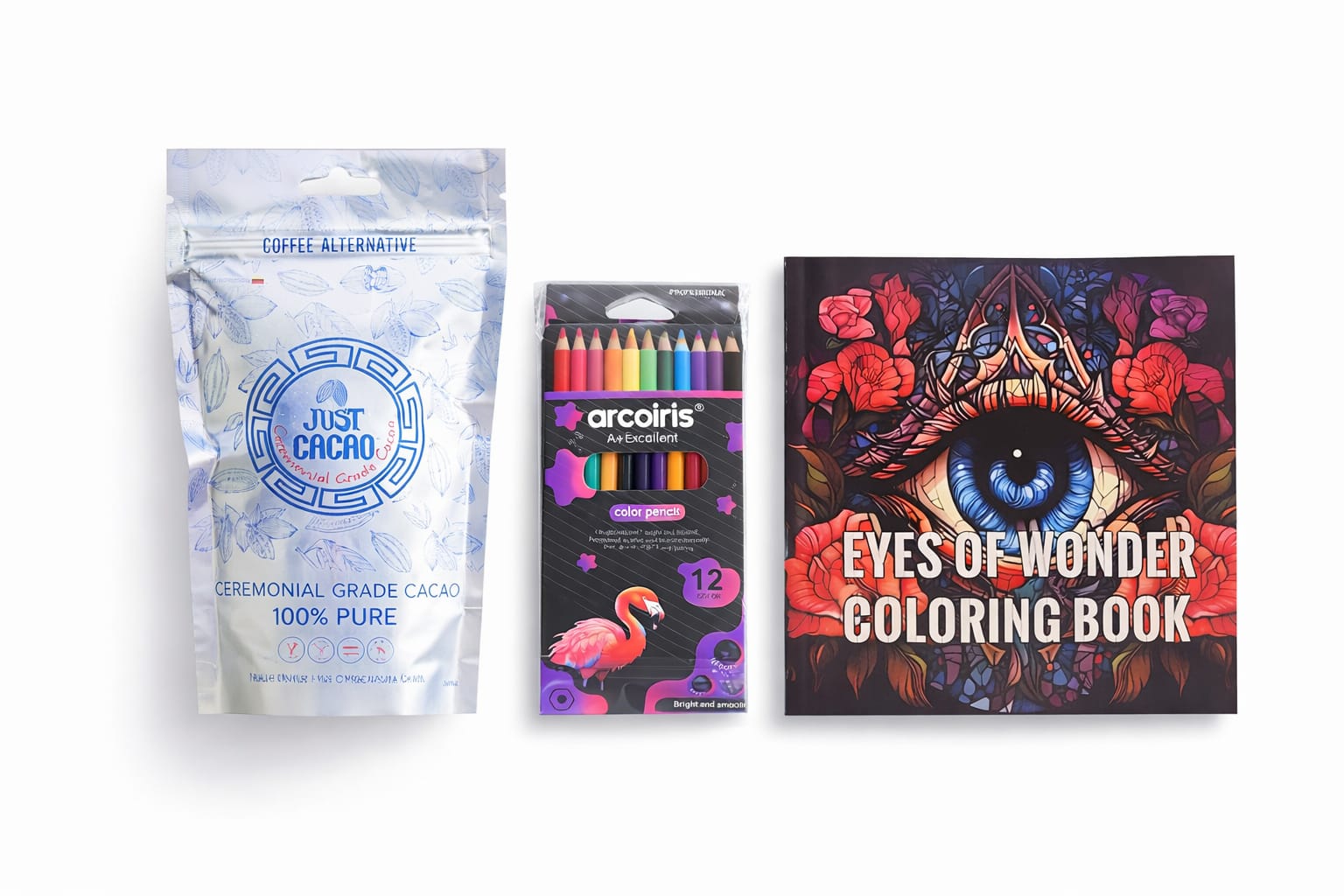 Eyes of Wonder Ritual Set. Just Cacao, Third Eye Adult Colouring Book, Colouring Pencils. Stress Relief