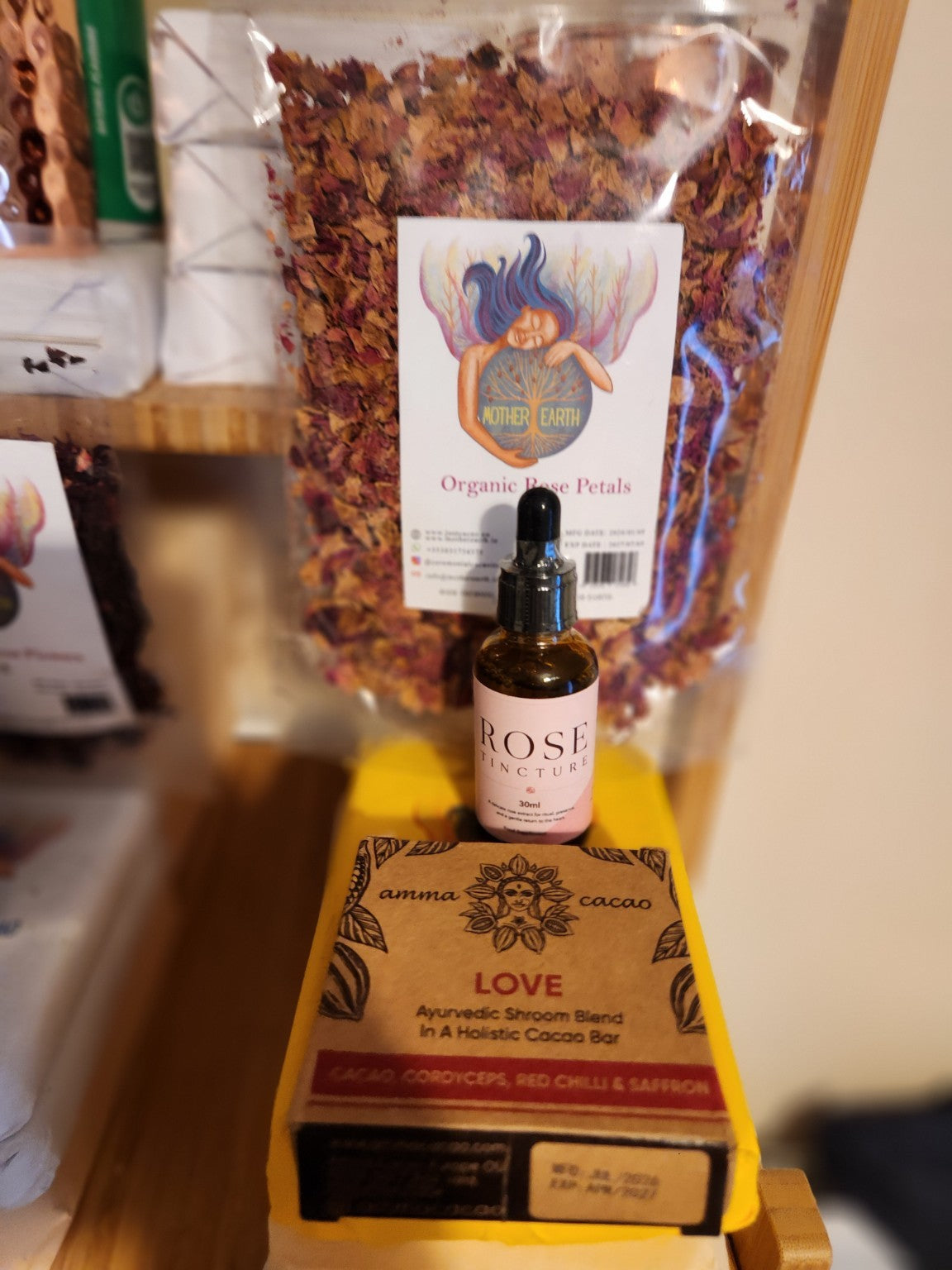 Mother Earth Rose Petals 28g, Bulgarian Rose Tincture 30ml and AmmaBar LOVE 36g bundle
